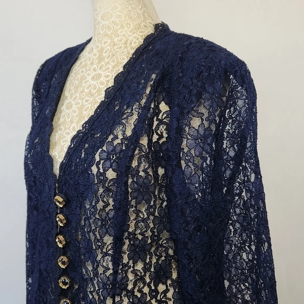 Beautiful U Women L Navy Blue Crochet Lace Scalloped Hem Button Front Cardigan